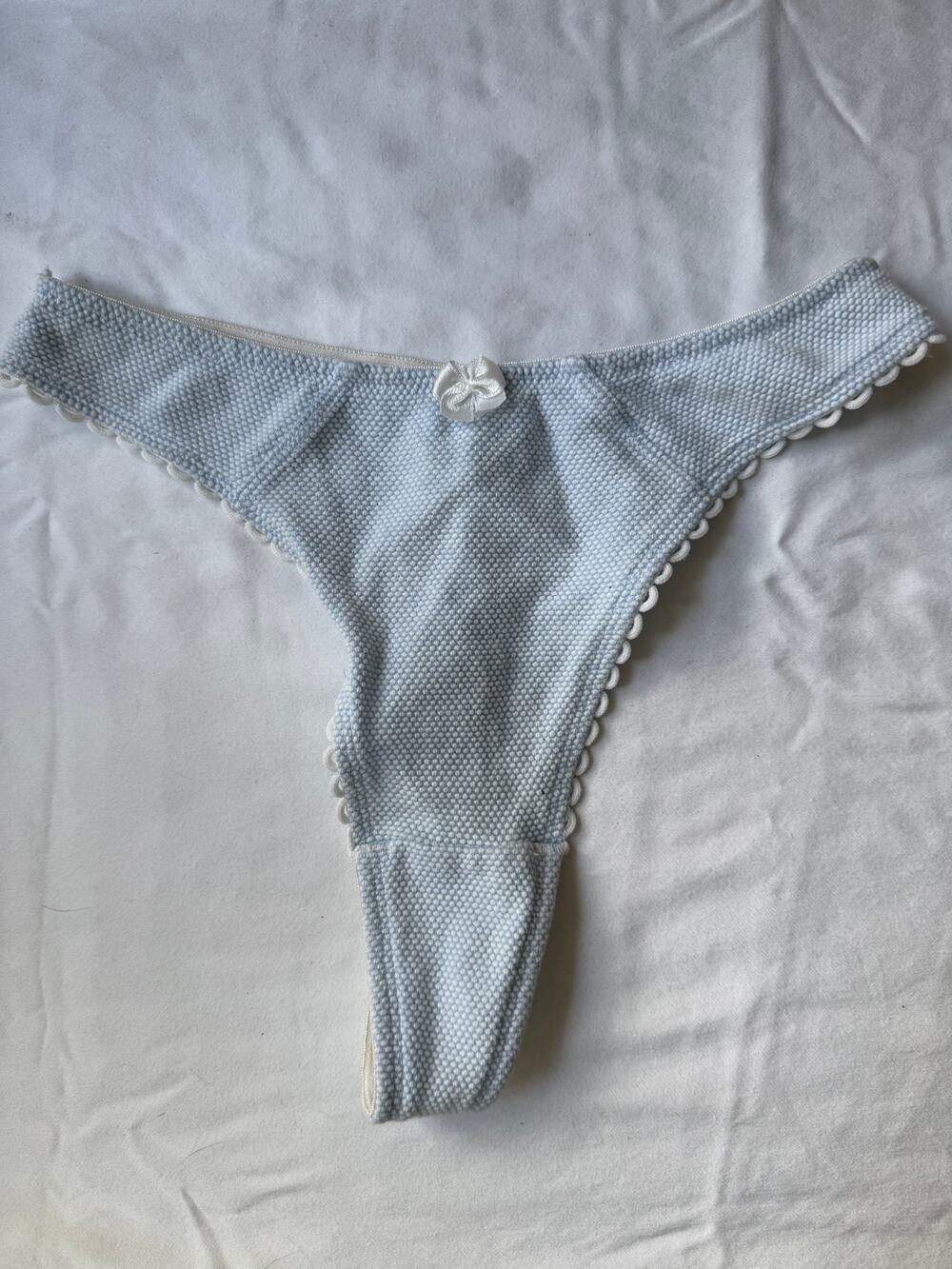 NWOT Vintage Aerie White Blue Textured Thong Panty Bow Trim Size S 5